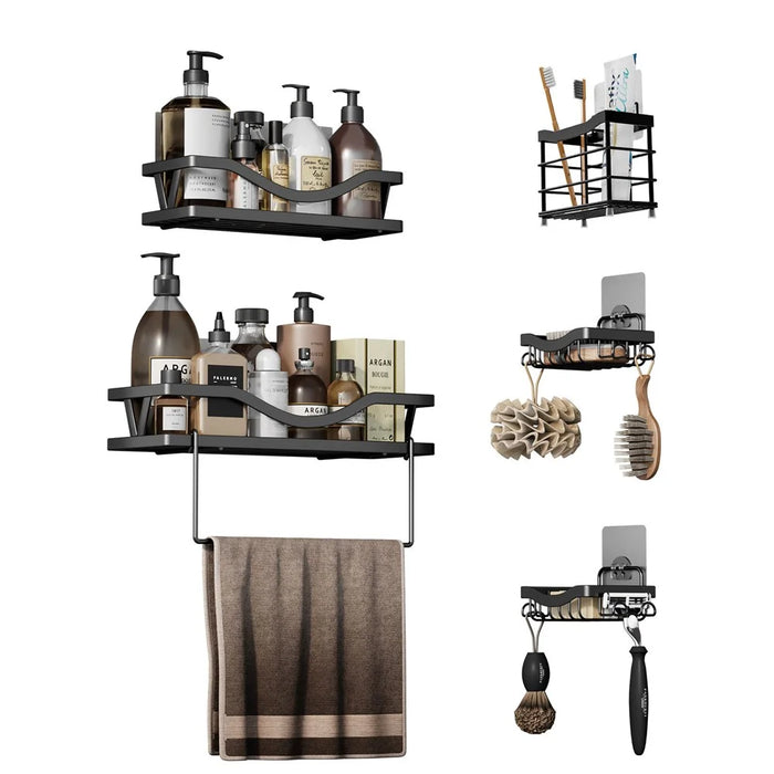 5Pcs / Set Carbon Steel Bathroom Storage Shelf Set Wall Mounted Washroom Organizer Set Punching Free - 2