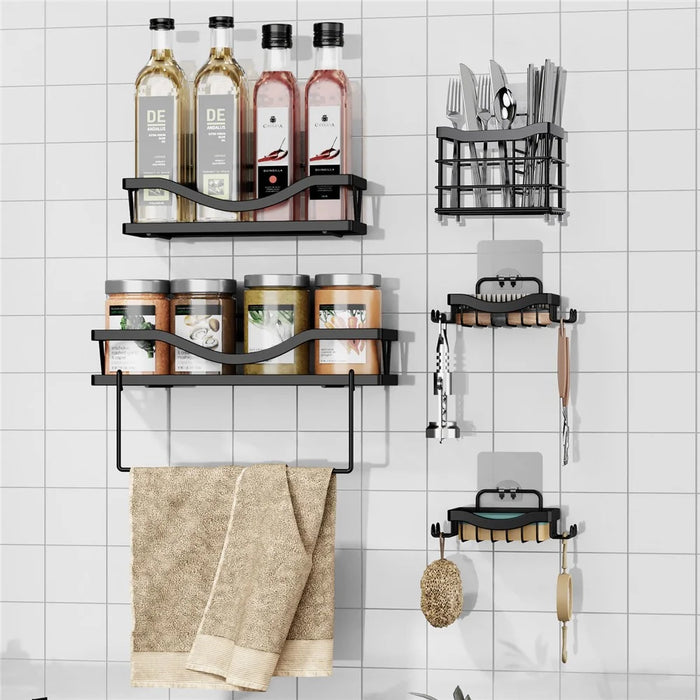 5Pcs / Set Carbon Steel Bathroom Storage Shelf Set Wall Mounted Washroom Organizer Set Punching Free - 3
