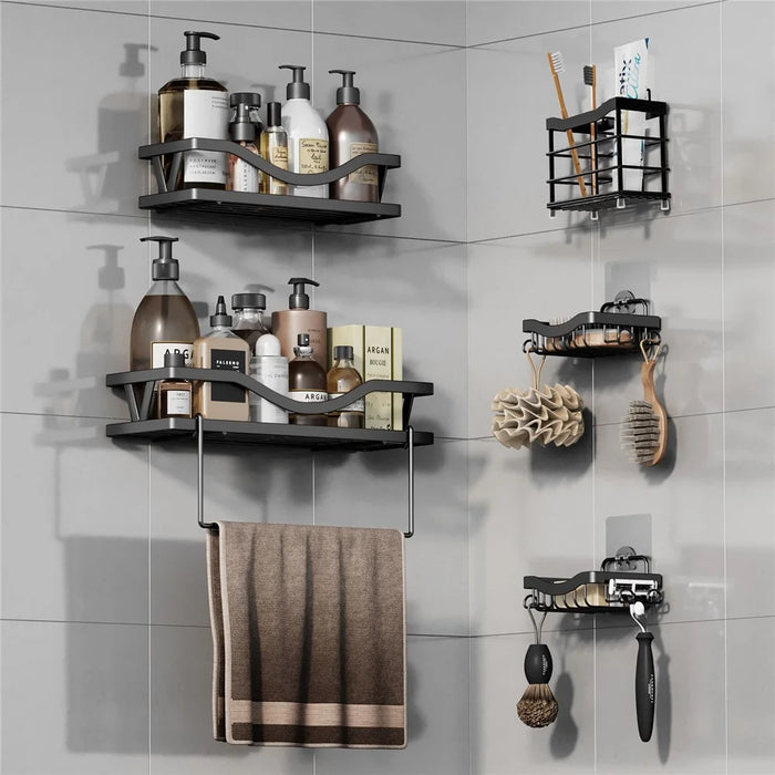 5Pcs / Set Carbon Steel Bathroom Storage Shelf Set Wall Mounted Washroom Organizer Set Punching Free - 7