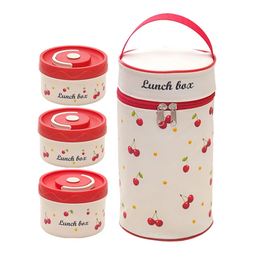 316 Stainless Steel Lunch Box Set with 600ML + 2Pcs 440ML + Insulated Bag Cherry Pattern Design for Students  /  Office Workers (No FDA) - 1