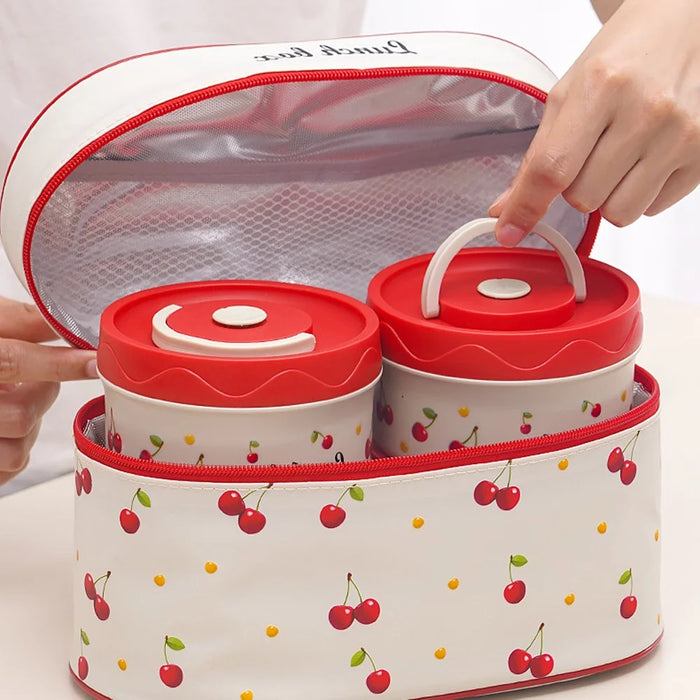 316 Stainless Steel Lunch Box Set with 600ML + 2Pcs 440ML + Insulated Bag Cherry Pattern Design for Students  /  Office Workers (No FDA) - 5