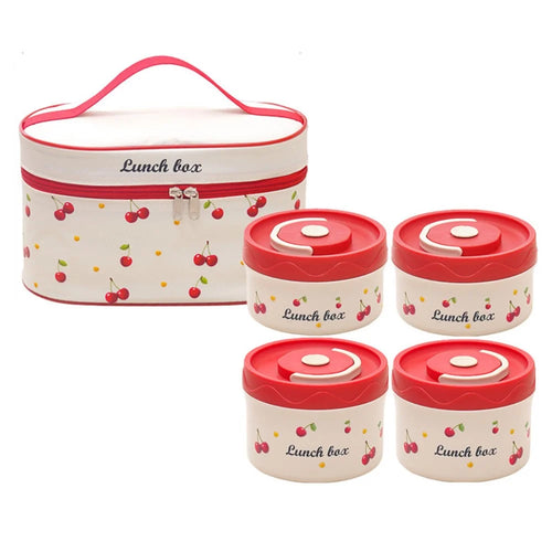 316 Stainless Steel Lunch Box Set with 2Pcs 600ML + 2Pcs 440ML + Insulated Bag Cherry Pattern Design for Students  /  Office Workers (No FDA) - 1