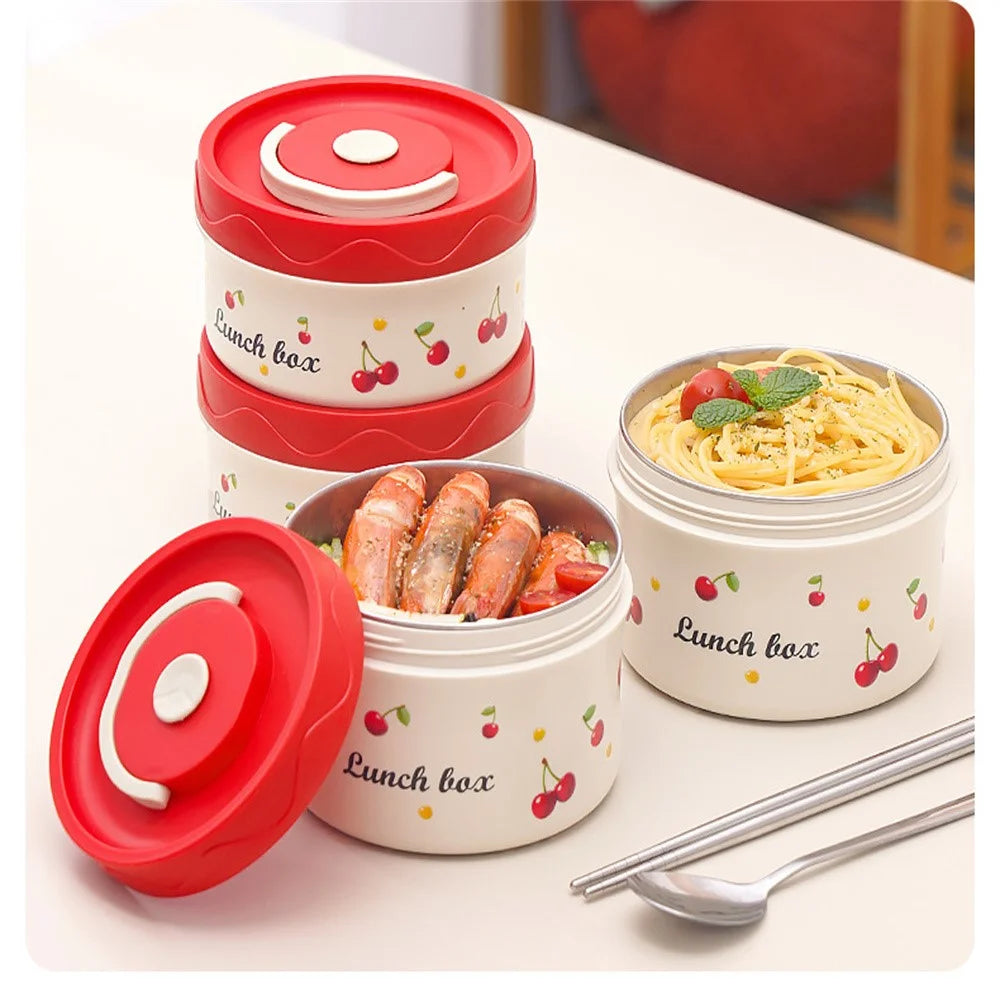 316 Stainless Steel Lunch Box Set with 2Pcs 600ML + 2Pcs 440ML + Insulated Bag Cherry Pattern Design for Students  /  Office Workers (No FDA) - 7