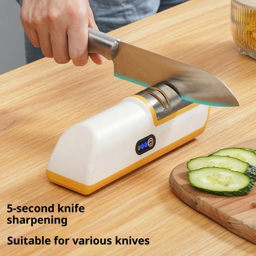 Electric Sharpener Battery Powered Kitchen Tool Knife Grinder with Speed Settings Fast Sharpening - Yellow - 3