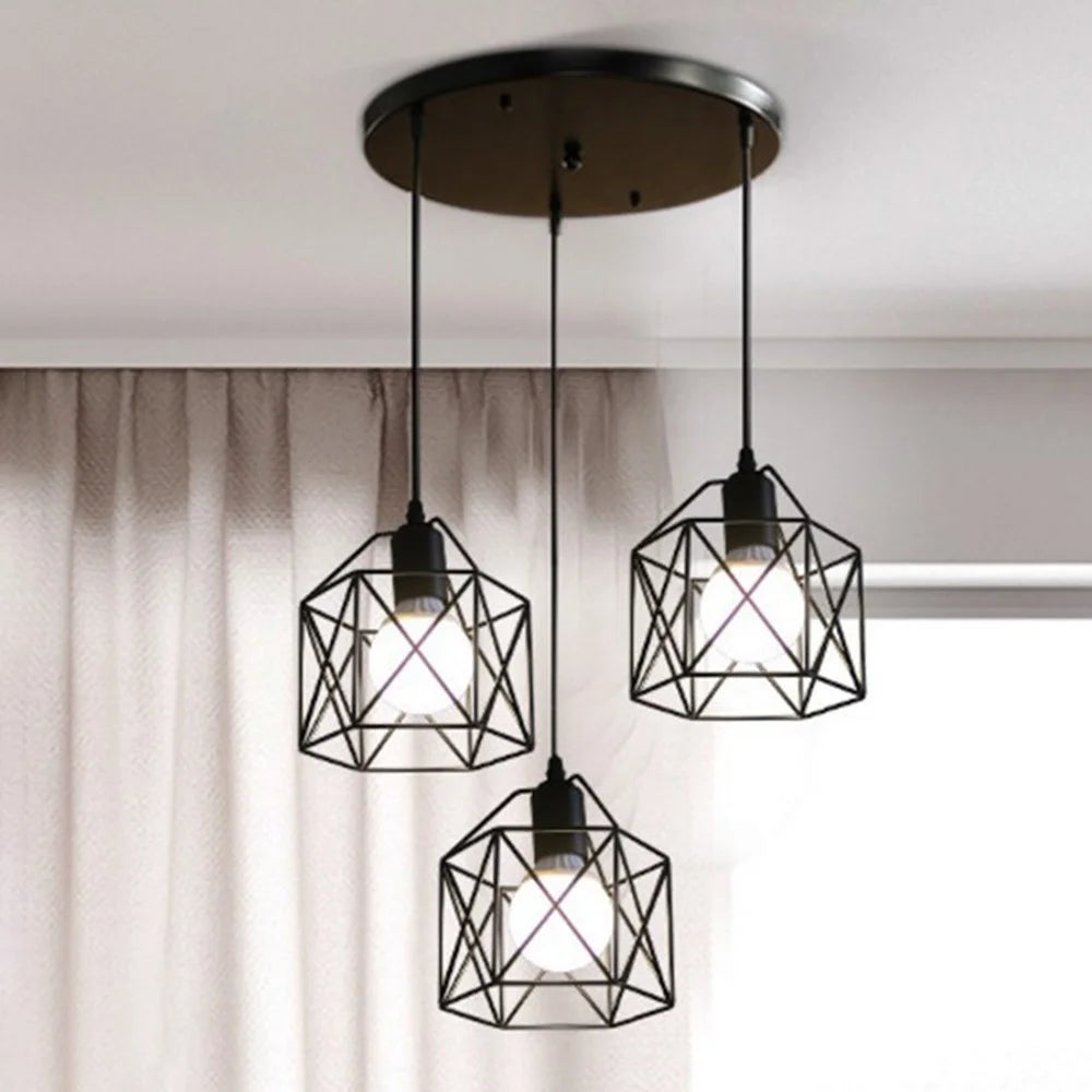 Pendant Light Round Ceiling Plate with 3 Lighting Metal Cage Lampshade (E27 Lamp Cap, without Bulb) - 1