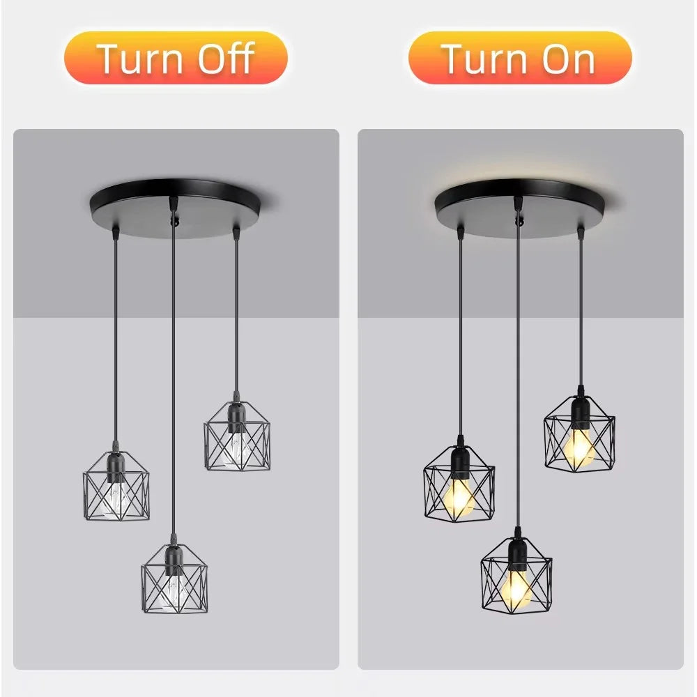 Pendant Light Round Ceiling Plate with 3 Lighting Metal Cage Lampshade (E27 Lamp Cap, without Bulb) - 2