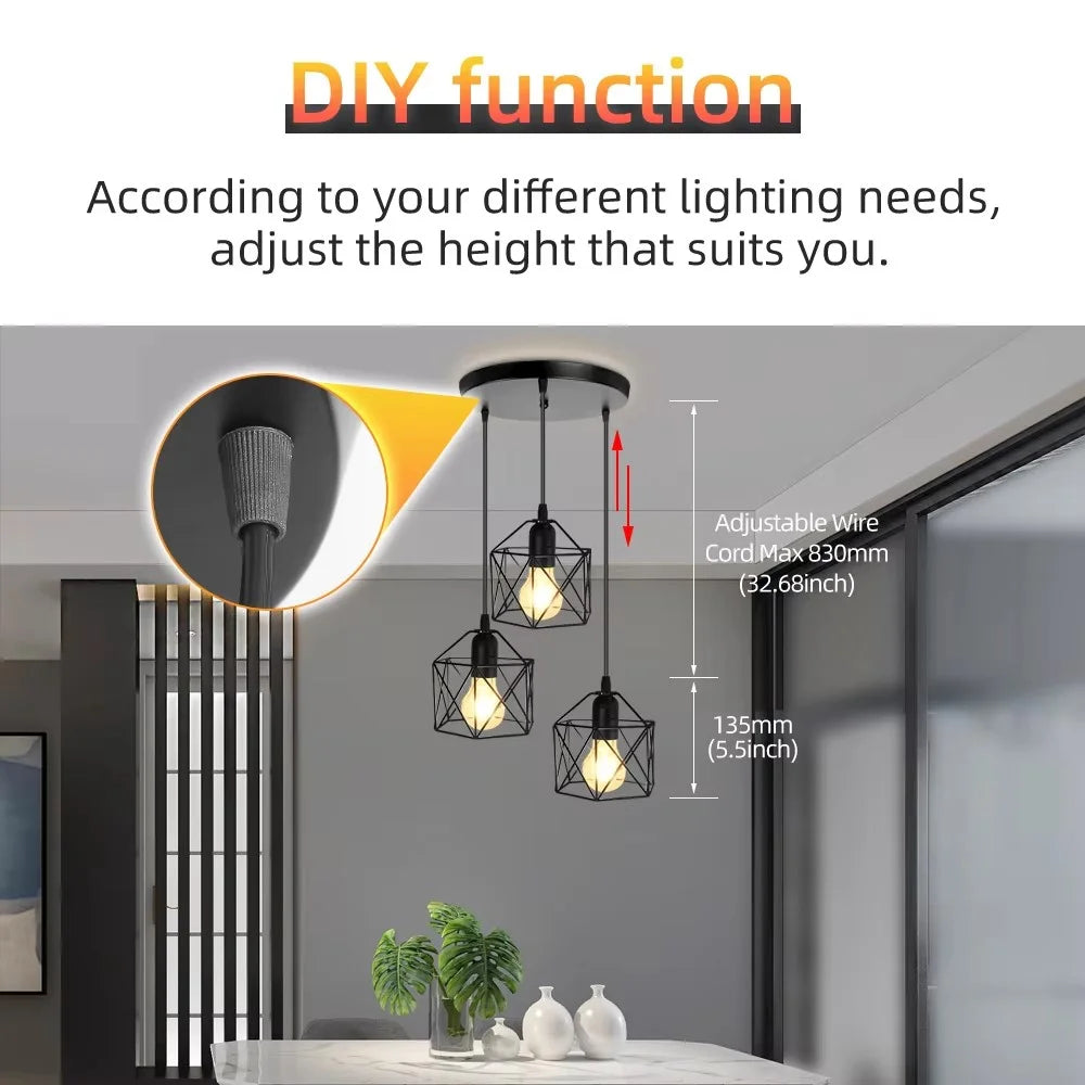 Pendant Light Round Ceiling Plate with 3 Lighting Metal Cage Lampshade (E27 Lamp Cap, without Bulb) - 3