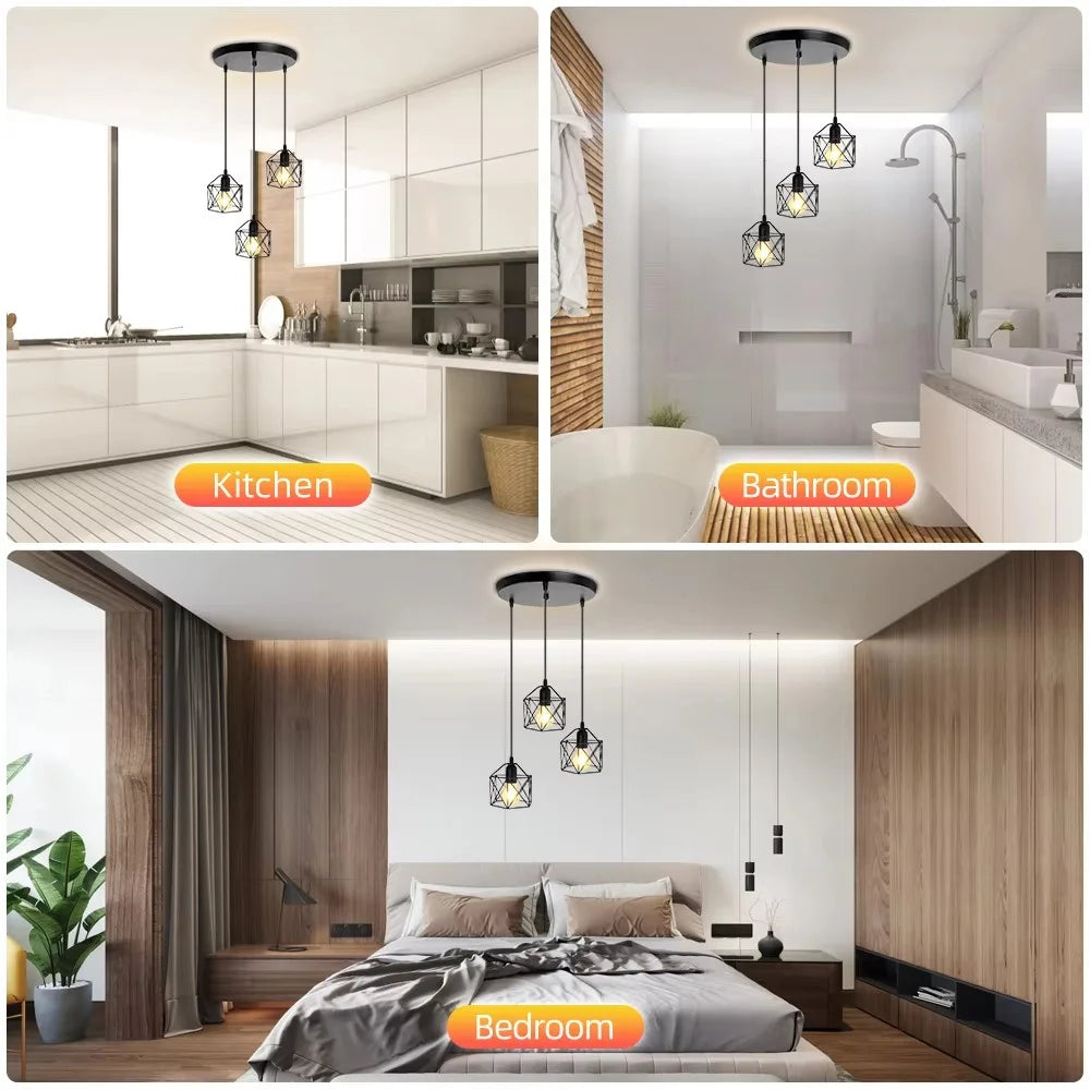 Pendant Light Round Ceiling Plate with 3 Lighting Metal Cage Lampshade (E27 Lamp Cap, without Bulb) - 4