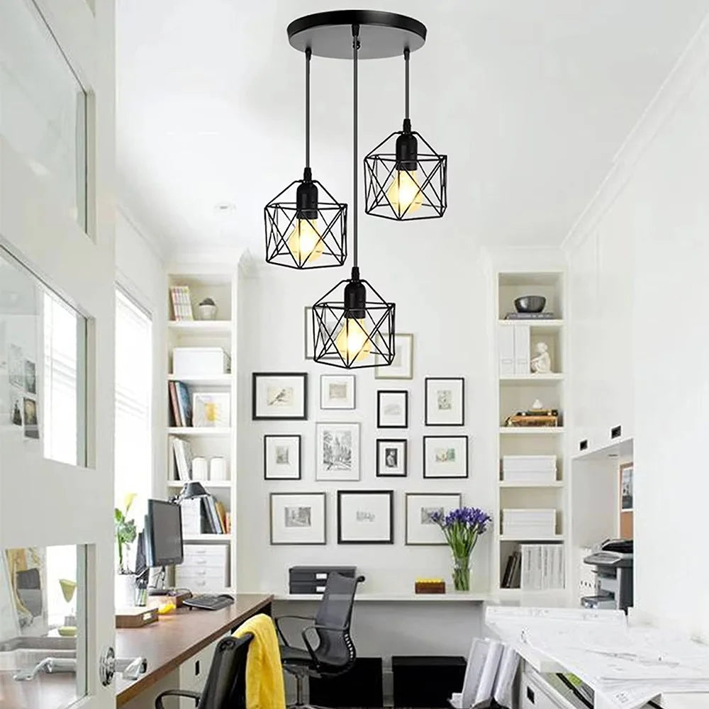 Pendant Light Round Ceiling Plate with 3 Lighting Metal Cage Lampshade (E27 Lamp Cap, without Bulb) - 5