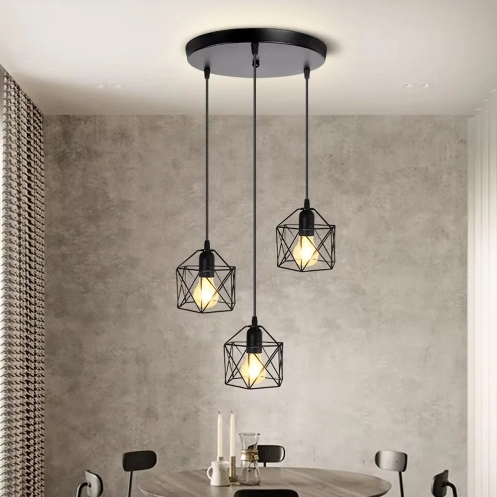 Pendant Light Round Ceiling Plate with 3 Lighting Metal Cage Lampshade (E27 Lamp Cap, without Bulb) - 6