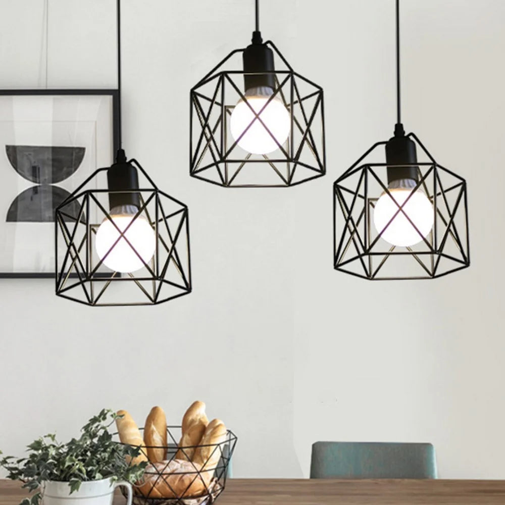 Pendant Light Round Ceiling Plate with 3 Lighting Metal Cage Lampshade (E27 Lamp Cap, without Bulb) - 7