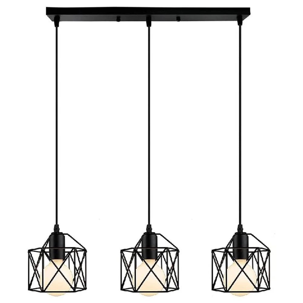 Pendant Light Rectangle Ceiling Plate with 3 Lighting Metal Cage Lampshade (E27 Lamp Cap, without Bulb) - 1