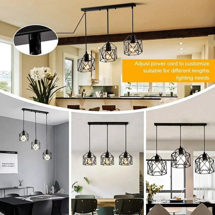 Pendant Light Rectangle Ceiling Plate with 3 Lighting Metal Cage Lampshade (E27 Lamp Cap, without Bulb) - 3