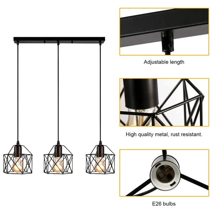 Pendant Light Rectangle Ceiling Plate with 3 Lighting Metal Cage Lampshade (E27 Lamp Cap, without Bulb) - 5