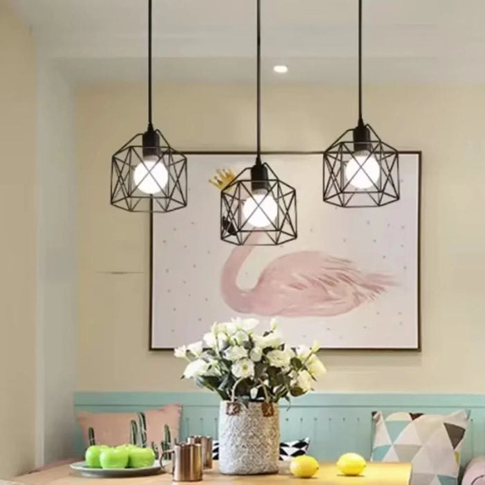 Pendant Light Rectangle Ceiling Plate with 3 Lighting Metal Cage Lampshade (E27 Lamp Cap, without Bulb) - 6
