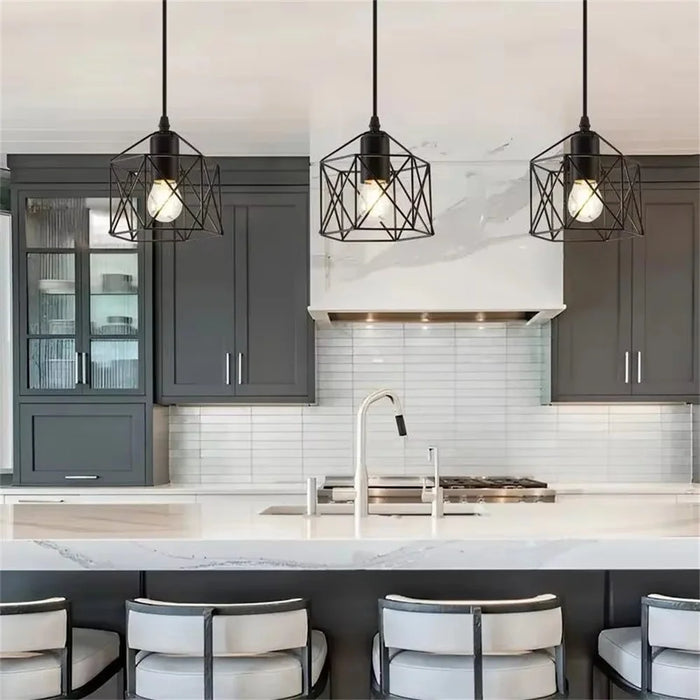Pendant Light Rectangle Ceiling Plate with 3 Lighting Metal Cage Lampshade (E27 Lamp Cap, without Bulb) - 7