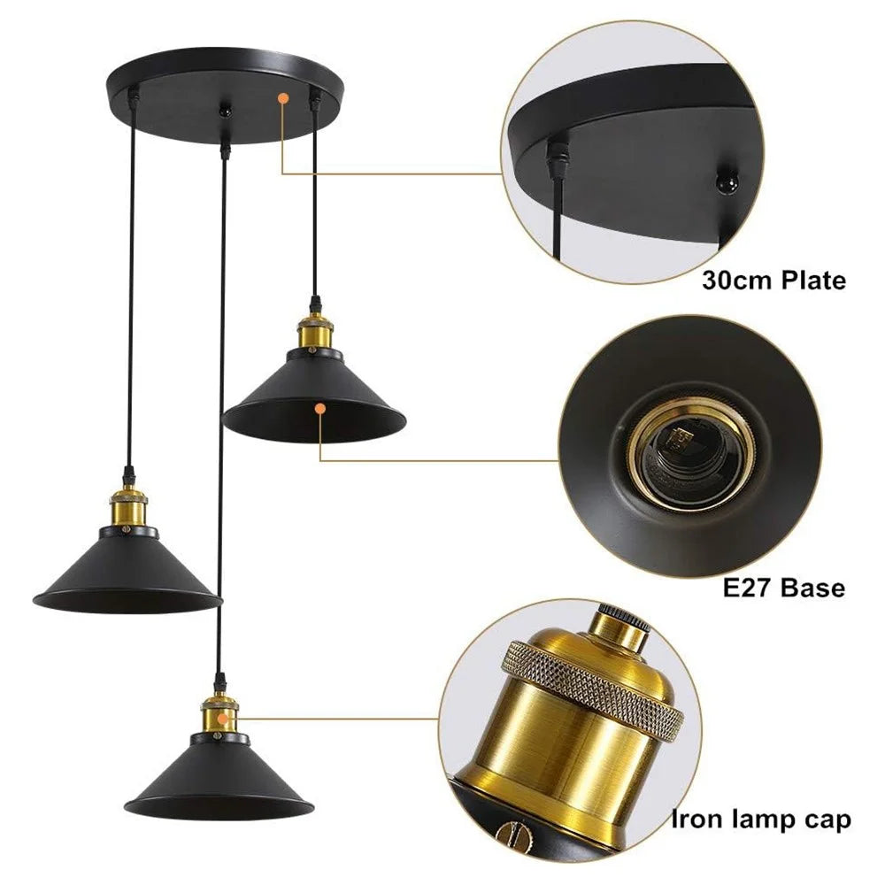 Vintage Industrial Indoor Light 22cm Lampshade 3-Bulb Ceiling Lamp Chandelier for Living Room / Bedroom (Without Bulbs) - 2