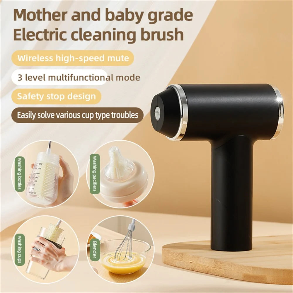 Electric Bottle Brush Whisk Cleaner Multi-Function Cream Beater for Baby Bottles / Thermos / Whipping Cream - Black - 2