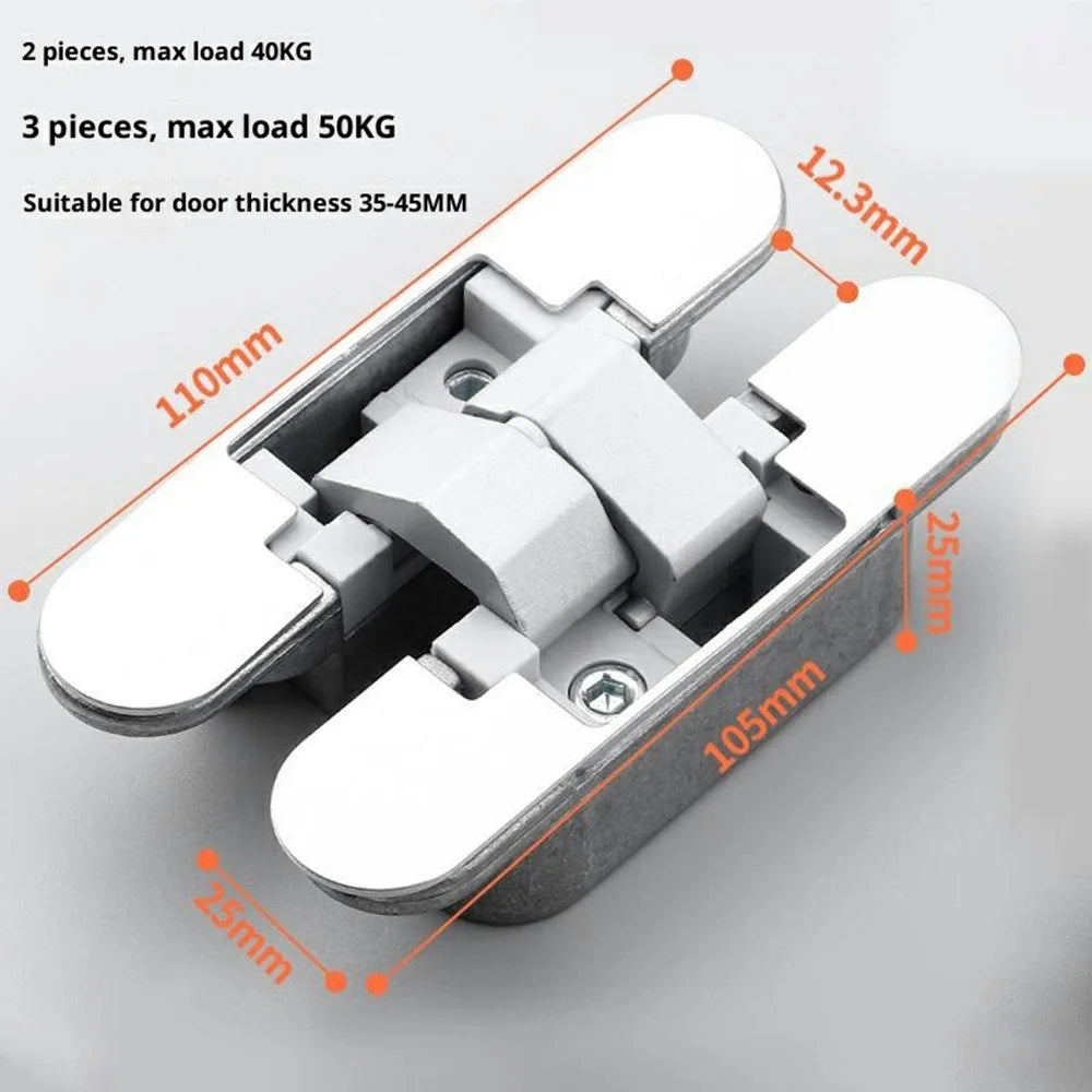 B118 Zinc Alloy 3D Adjustable Invisible Door Hinge 180° Swing Concealed Cross Hinge for Wood Bifold Doors - Silver - 6