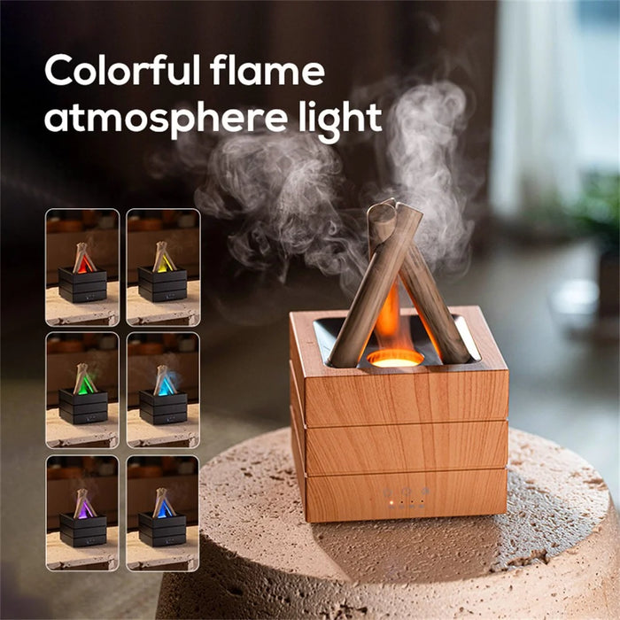 USB Campfire Aroma Diffuser Desktop Air Humidifier with 7-Color Gradient Flame Effect - Black - 7