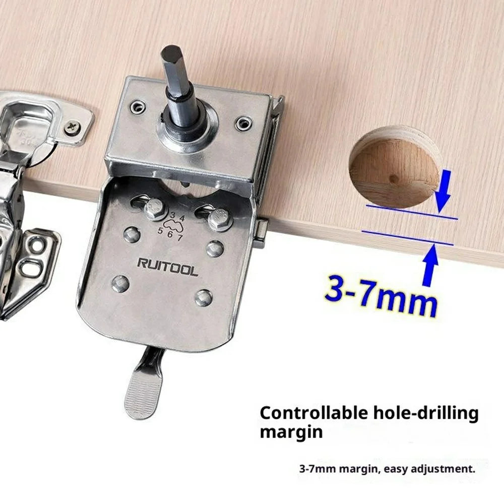 Stainless Steel Hinge Hole Jig with 3-Blade Drill Bit for Cabinet Doors, Adjustable Fast Positioning Woodworking Hinge Drill Guide - 3