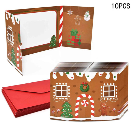 10 Pack Christmas Gingerbread House Greeting Cards Gift (10 Cards + 10 Envelopes) Tri-Fold Double-Sided Holiday Party Decoration Cards - 1