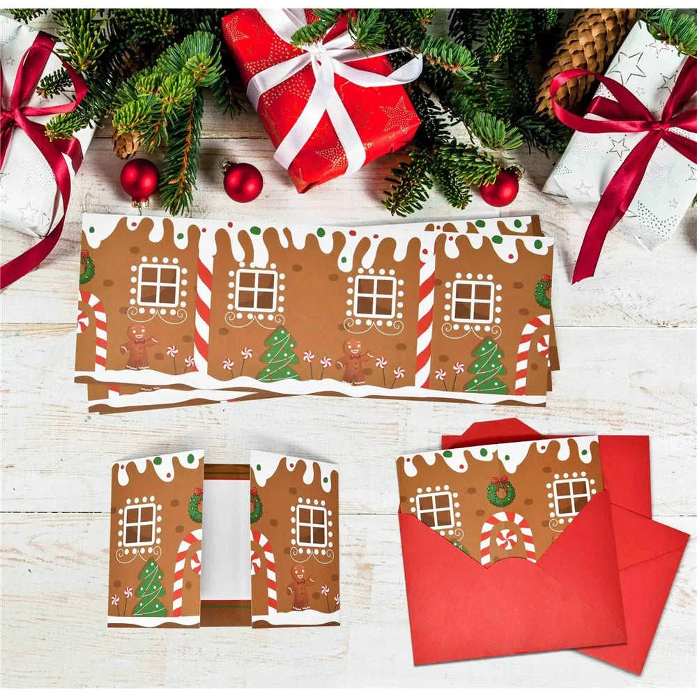 10 Pack Christmas Gingerbread House Greeting Cards Gift (10 Cards + 10 Envelopes) Tri-Fold Double-Sided Holiday Party Decoration Cards - 5