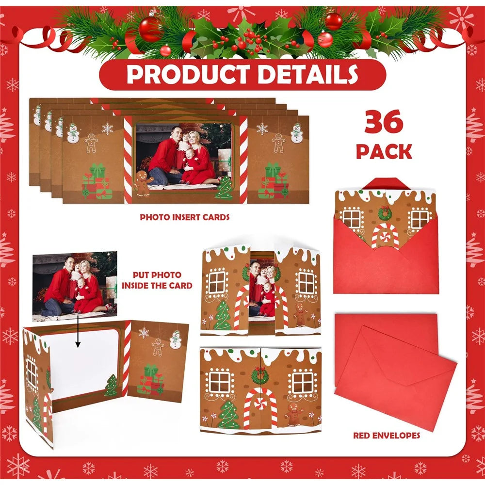 10 Pack Christmas Gingerbread House Greeting Cards Gift (10 Cards + 10 Envelopes) Tri-Fold Double-Sided Holiday Party Decoration Cards - 6
