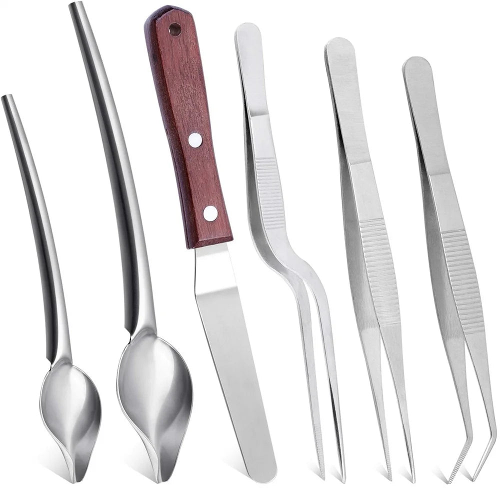 6Pcs Plating Tools Set Decorating Spoons Kit Stainless Steel Tweezers Sauce Drawing Spoon for Cooking / Baking / Dessert Decoration (No FDA) - Brown - 1