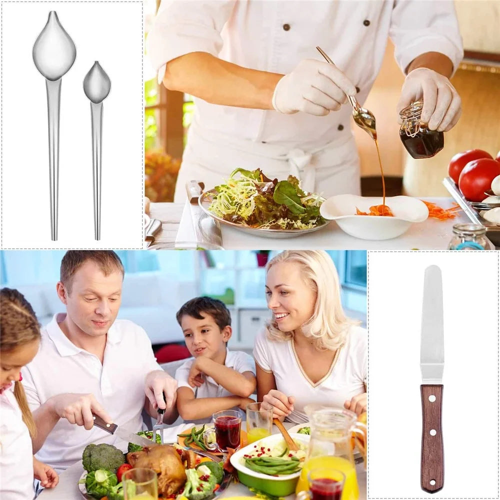 6Pcs Plating Tools Set Decorating Spoons Kit Stainless Steel Tweezers Sauce Drawing Spoon for Cooking / Baking / Dessert Decoration (No FDA) - Brown - 6