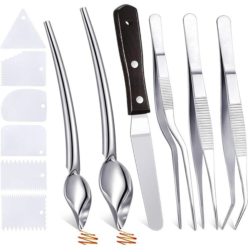 12Pcs Plating Tools Set Decorating Spoons Cooking Utensils Stainless Steel Tweezers Sauce Painting Scrapers for Baking / Pastry (No FDA) - Black - 1