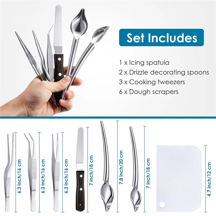 12Pcs Plating Tools Set Decorating Spoons Cooking Utensils Stainless Steel Tweezers Sauce Painting Scrapers for Baking / Pastry (No FDA) - Black - 6