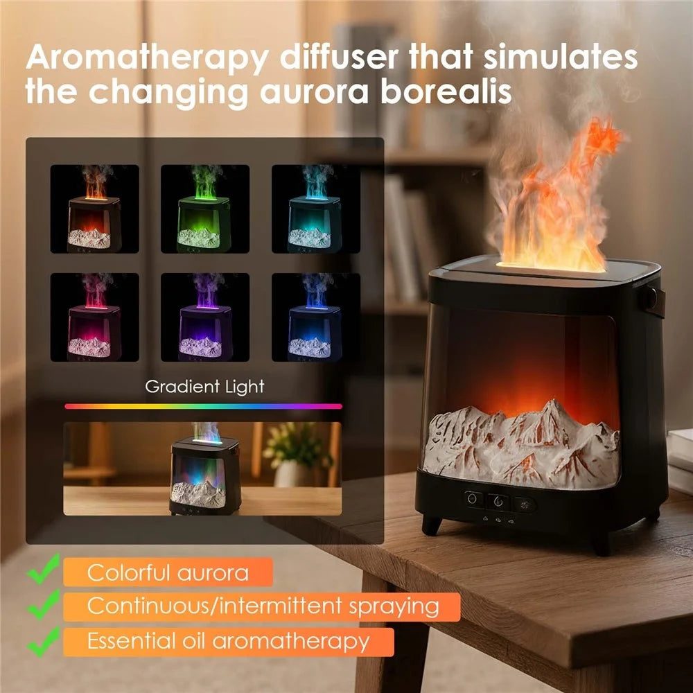 Aurora Diffuser Air Humidifier USB Aroma Mist Maker Simulated Snow Mountain Multi Color Flame Atmosphere Light - Black - 2