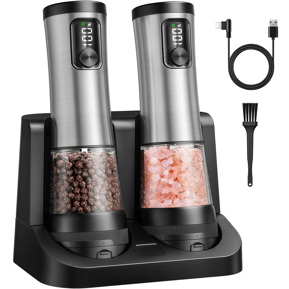 Stainless Steel Electric Spice Grinder Rechargeable Pepper Mill with Battery Display Base Adjustable Coarseness - 1