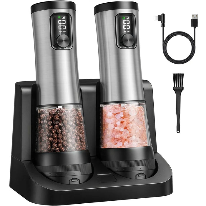 Stainless Steel Electric Spice Grinder Rechargeable Pepper Mill with Battery Display Base Adjustable Coarseness - 1