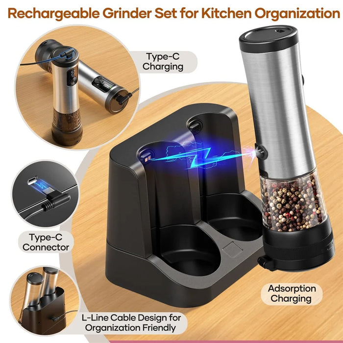 Stainless Steel Electric Spice Grinder Rechargeable Pepper Mill with Battery Display Base Adjustable Coarseness - 4