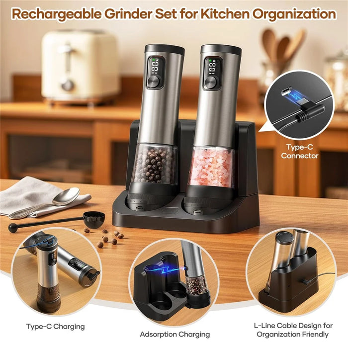 Stainless Steel Electric Spice Grinder Rechargeable Pepper Mill with Battery Display Base Adjustable Coarseness - 5