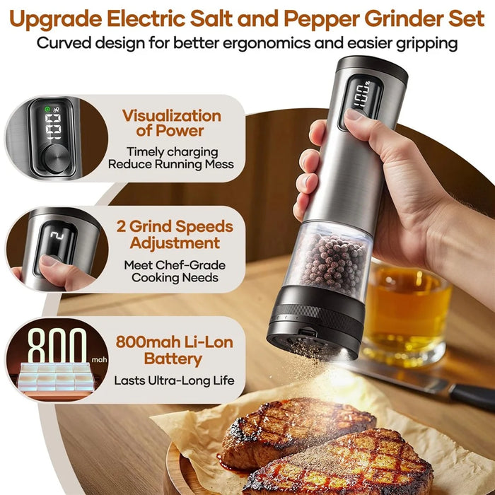 Stainless Steel Electric Spice Grinder Rechargeable Pepper Mill with Battery Display Base Adjustable Coarseness - 6