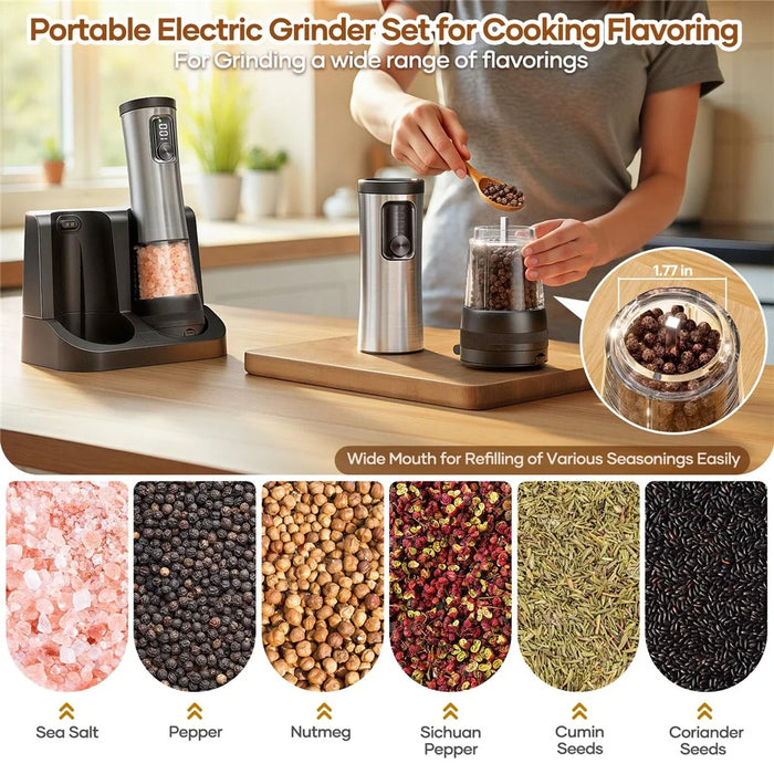 Stainless Steel Electric Spice Grinder Rechargeable Pepper Mill with Battery Display Base Adjustable Coarseness - 7