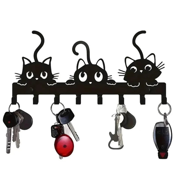 Animal Shaped Key Holder Wall Mount Hook Metal Iron Paw Print Hanger for Entryway Decorative Storage Organizer - Three Cats - 2