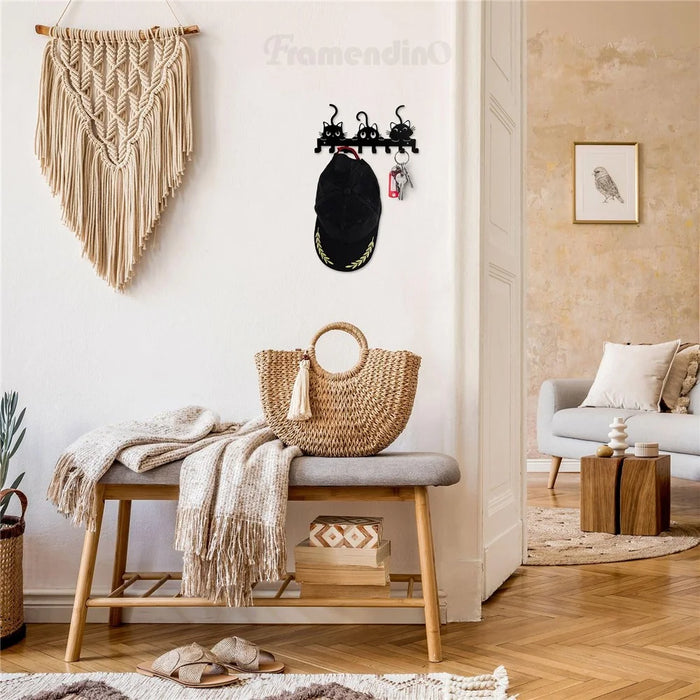 Animal Shaped Key Holder Wall Mount Hook Metal Iron Paw Print Hanger for Entryway Decorative Storage Organizer - Three Cats - 3