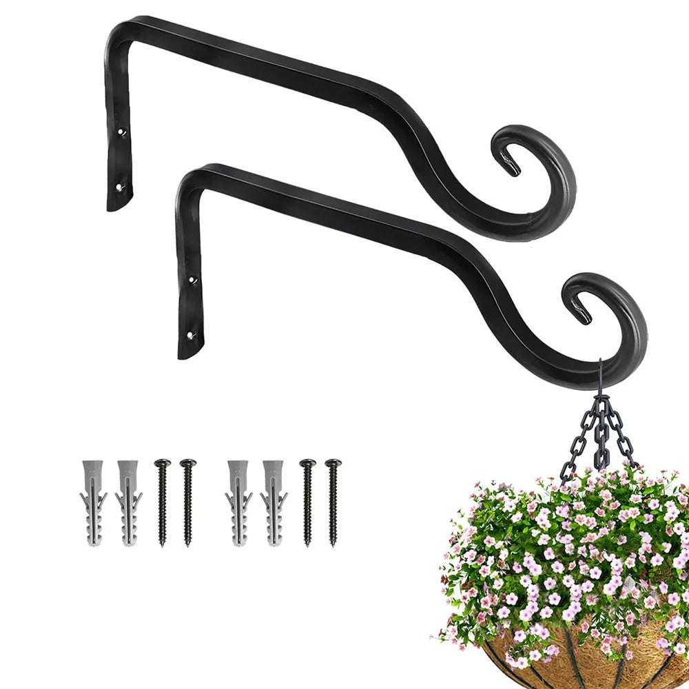 2Pcs Garden Hanging Plant Hanger Heavy Duty Iron Hook Wall-Mounted Decorative Rack for Balcony Garden Home Outdoor Indoor - Black - 1