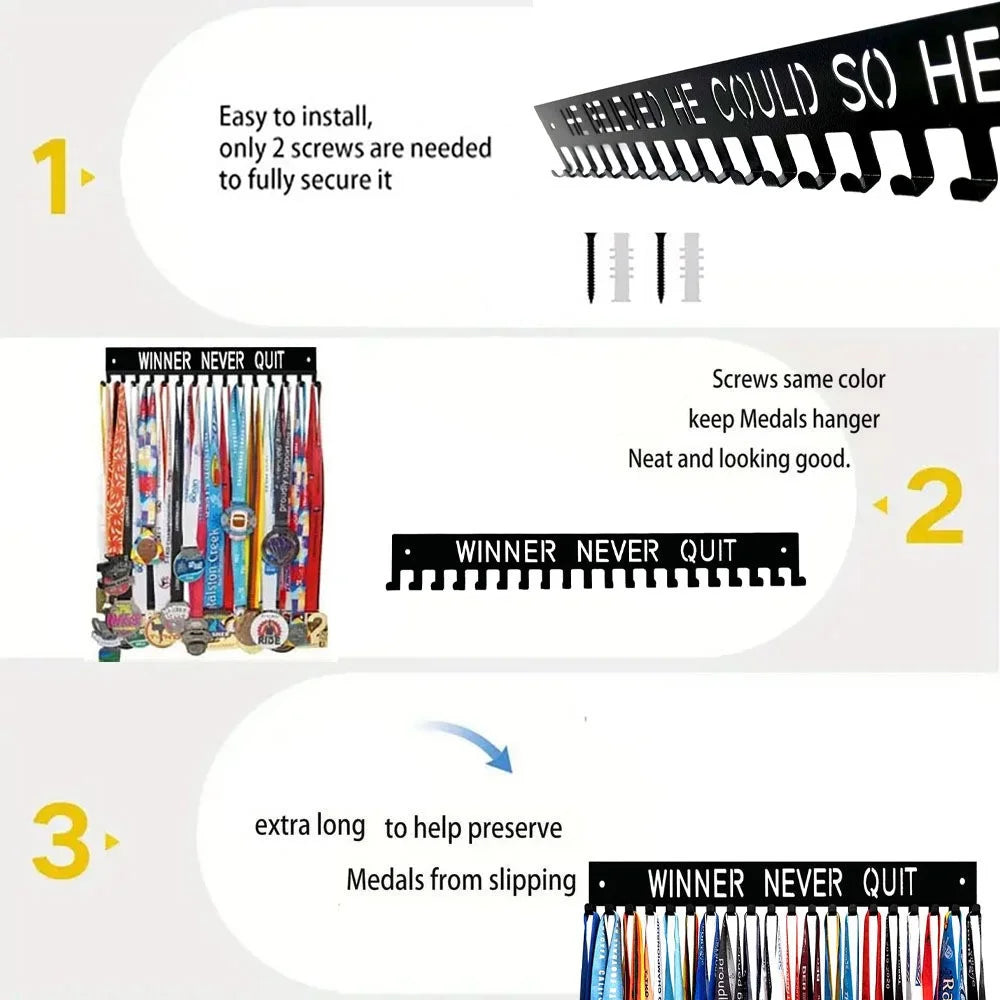 Metal Medal Display Rack 20 Hooks Award Holder Wall Mounted Trophy Organizer with Letter Design - Type 2 - 3