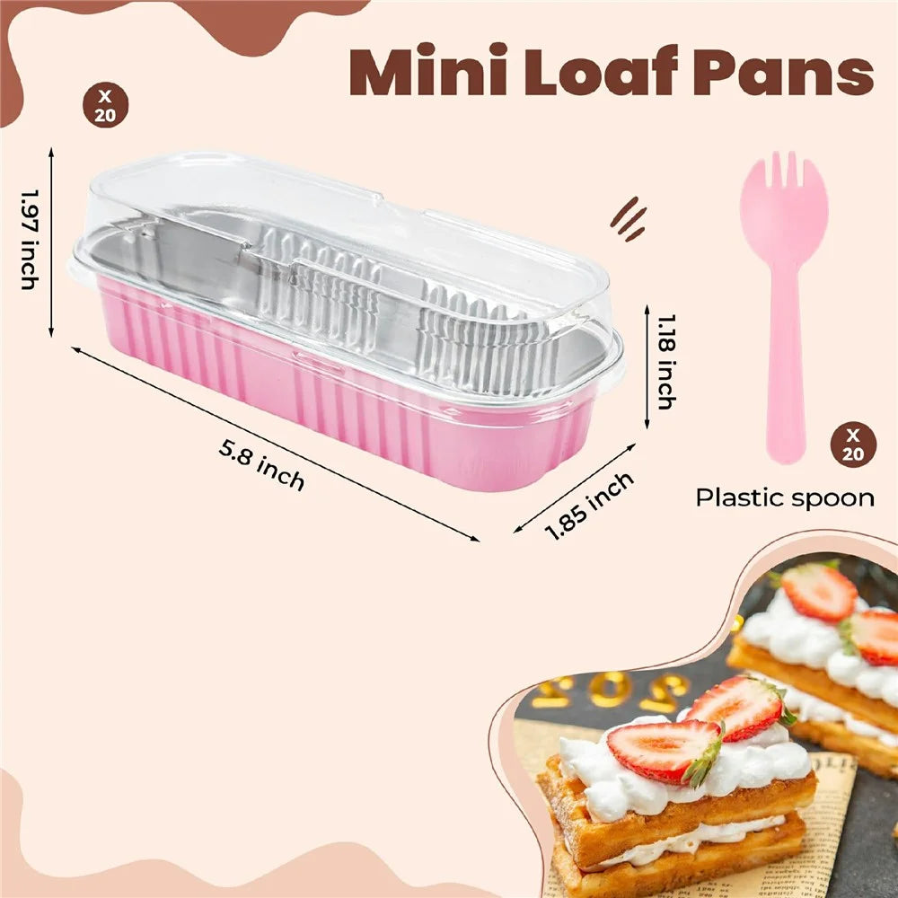 20Pcs / Set Aluminum Foil Loaf Pans with Transparent Lid and Plastic Spoon Kitchen Mini Bread Baking Pans (BPA Free, No FDA) - Pink - 7