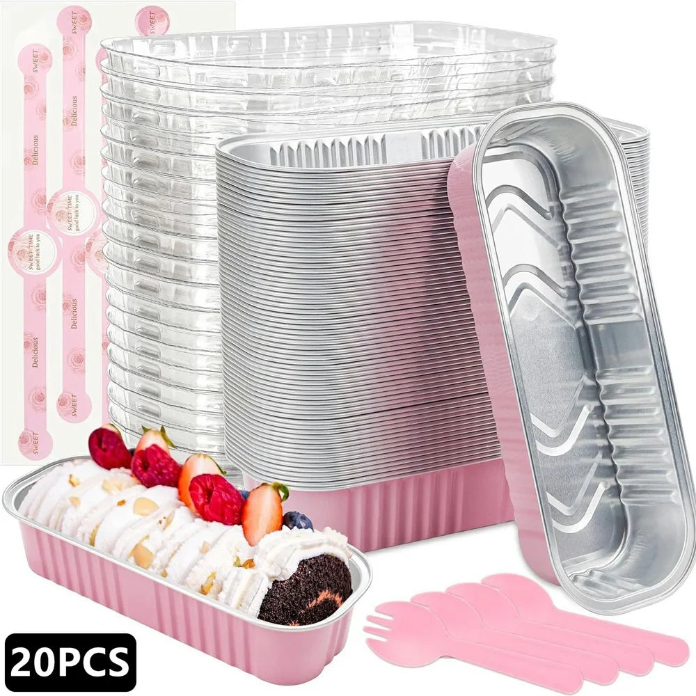 20Pcs / Set Aluminum Foil Loaf Pans with Transparent Lid Plastic Spoon and Sticker Kitchen Mini Bread Baking Pans (BPA Free, No FDA) - Pink - 1