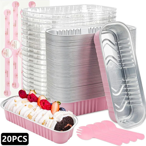 20Pcs / Set Aluminum Foil Loaf Pans with Transparent Lid Plastic Spoon and Sticker Kitchen Mini Bread Baking Pans (BPA Free, No FDA) - Pink - 1