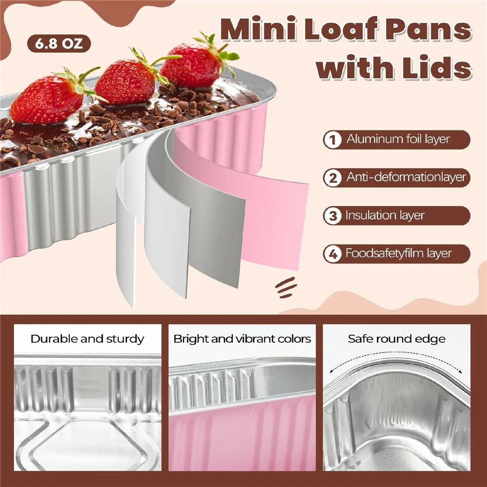 20Pcs / Set Aluminum Foil Loaf Pans with Transparent Lid Plastic Spoon and Sticker Kitchen Mini Bread Baking Pans (BPA Free, No FDA) - Pink - 2