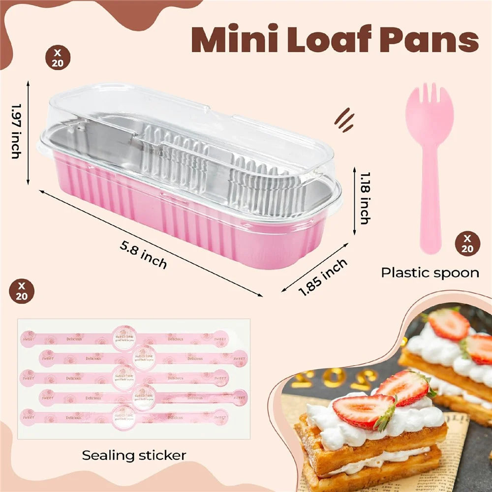 20Pcs / Set Aluminum Foil Loaf Pans with Transparent Lid Plastic Spoon and Sticker Kitchen Mini Bread Baking Pans (BPA Free, No FDA) - Pink - 7