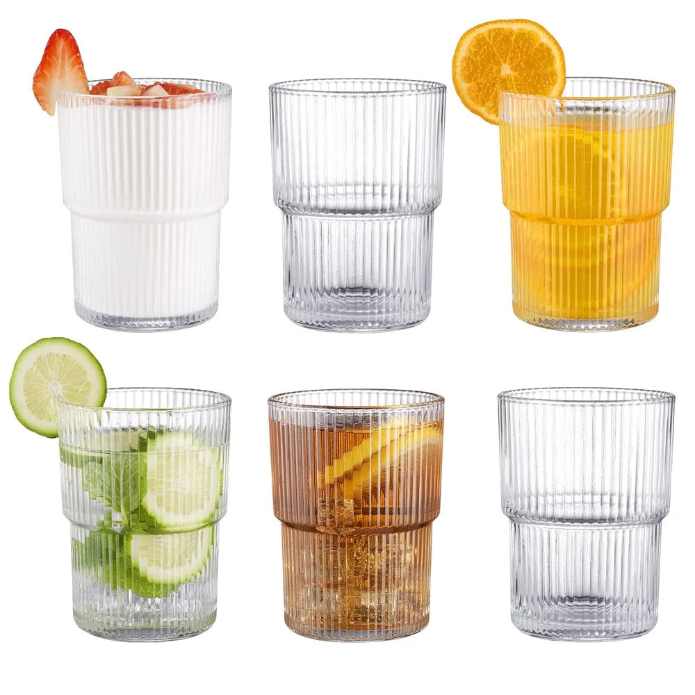 300ML Glass Cup 2Pcs Vertical Stripes Design Coffee Cup Minimalist Style for Cold Drinks / Juice (No FDA, BPA-Free) - 2