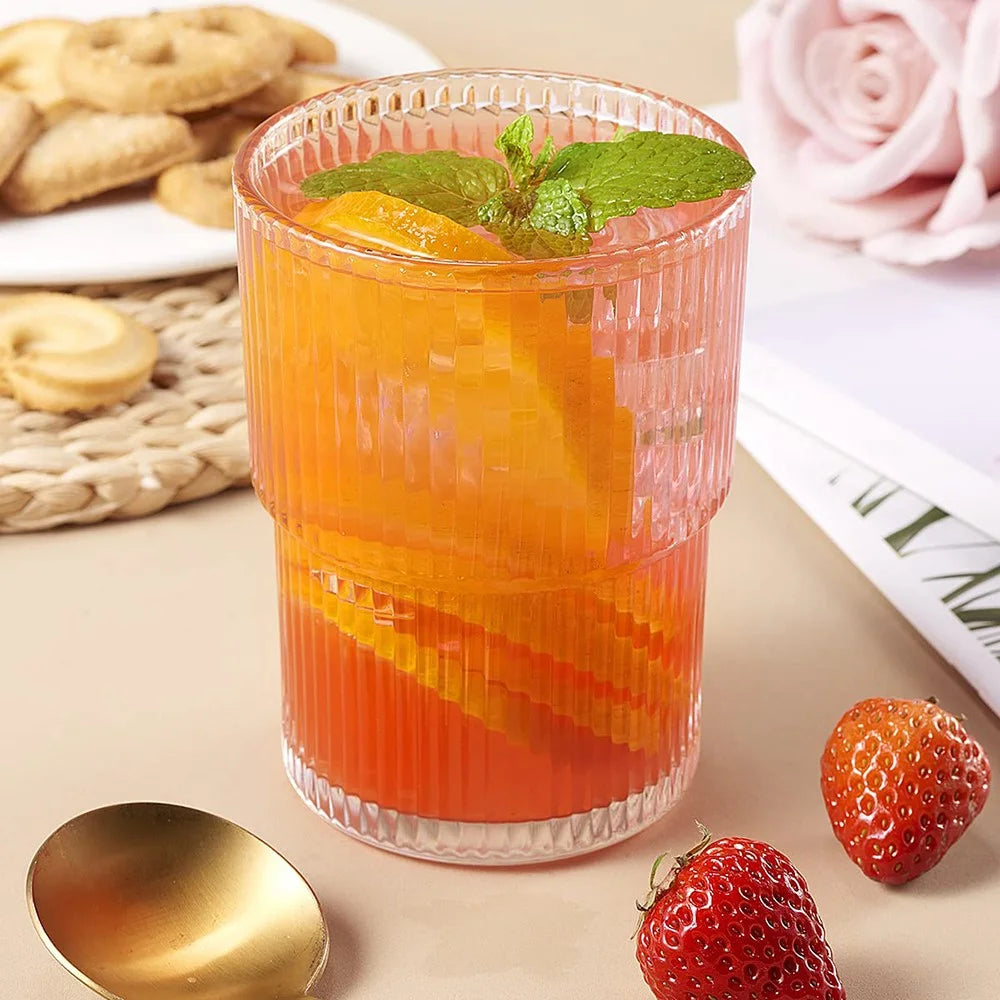 300ML Glass Cup 2Pcs Vertical Stripes Design Coffee Cup Minimalist Style for Cold Drinks / Juice (No FDA, BPA-Free) - 7